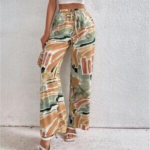SHEIN Women's Graphic Print Elastic High Waist Wide Leg Pants